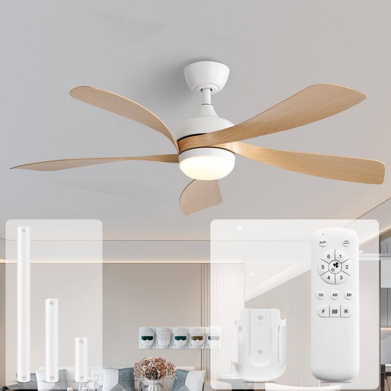 Sofucor 45/52 Inch Ceiling Fan with Remote & Lights Quiet DC Motor 5 Blade High CFM Modern Fan - 52'' Remote Control - White with light wood grain