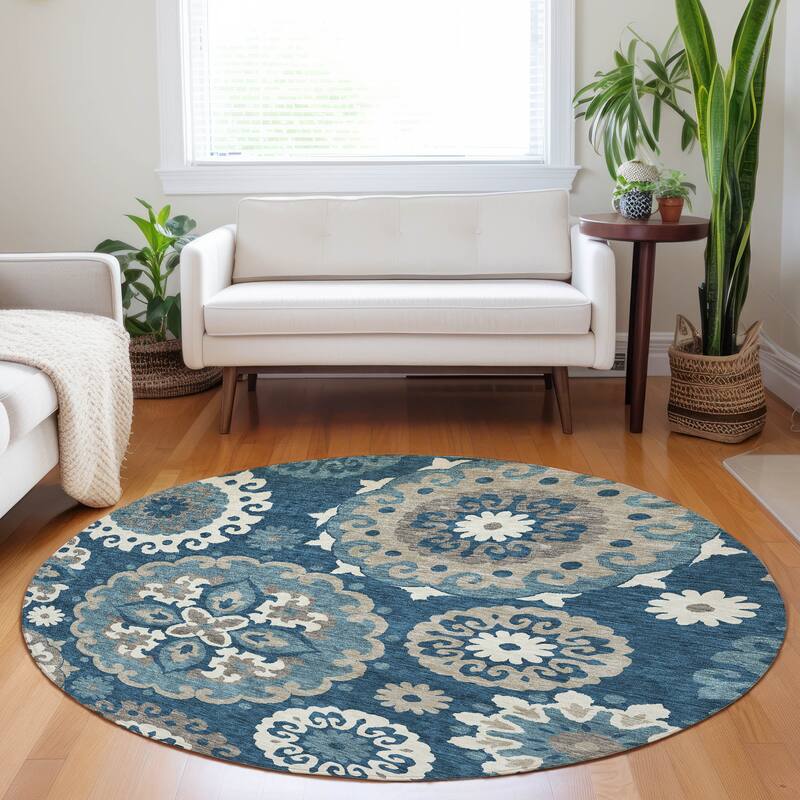 Premium Washable Super Soft Boho Suzani Mayfield Rug - Blue - 8' x 8' - Round