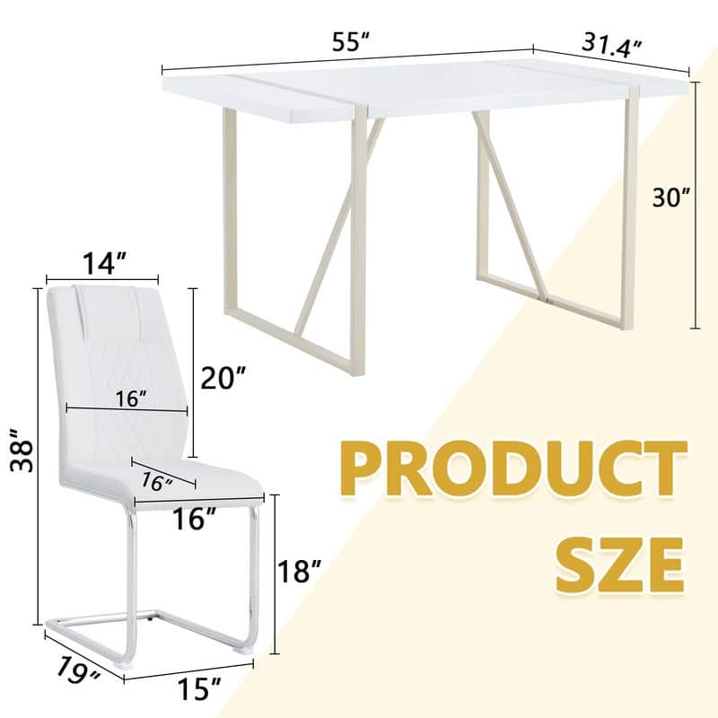 5-Piece Cream White MDF Dining Table Set, with 4 Chairs, Silver Metal Legs, Kitchen Dining Room Set