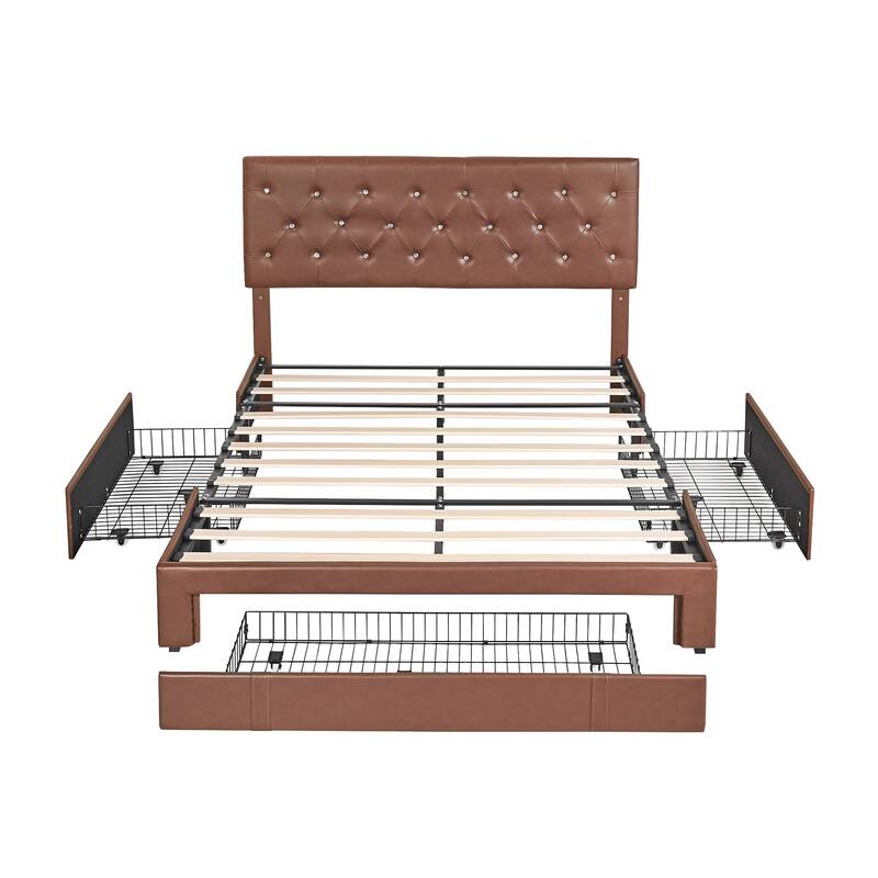 VECELO Bed Frame with Storage Drawers Leather Upholstered with Diamond Tufted Headboard Solid Wood Slat Support