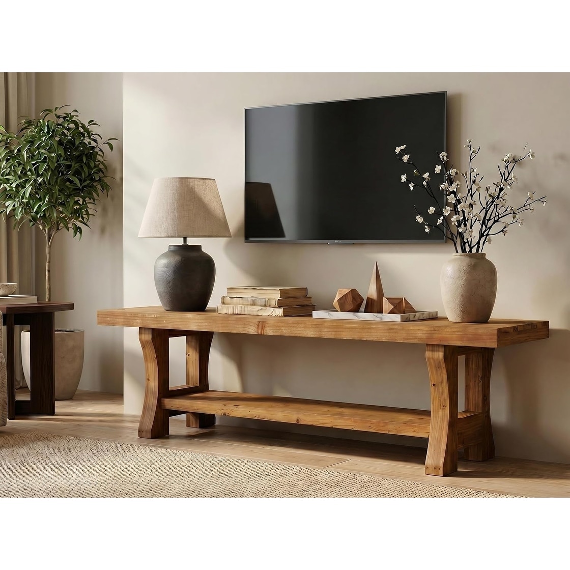 55.1" Solid Wood TV Stand for 65 Inch TV, 2-Tier Farmhouse Entertainment Center Low Media Console with Storage