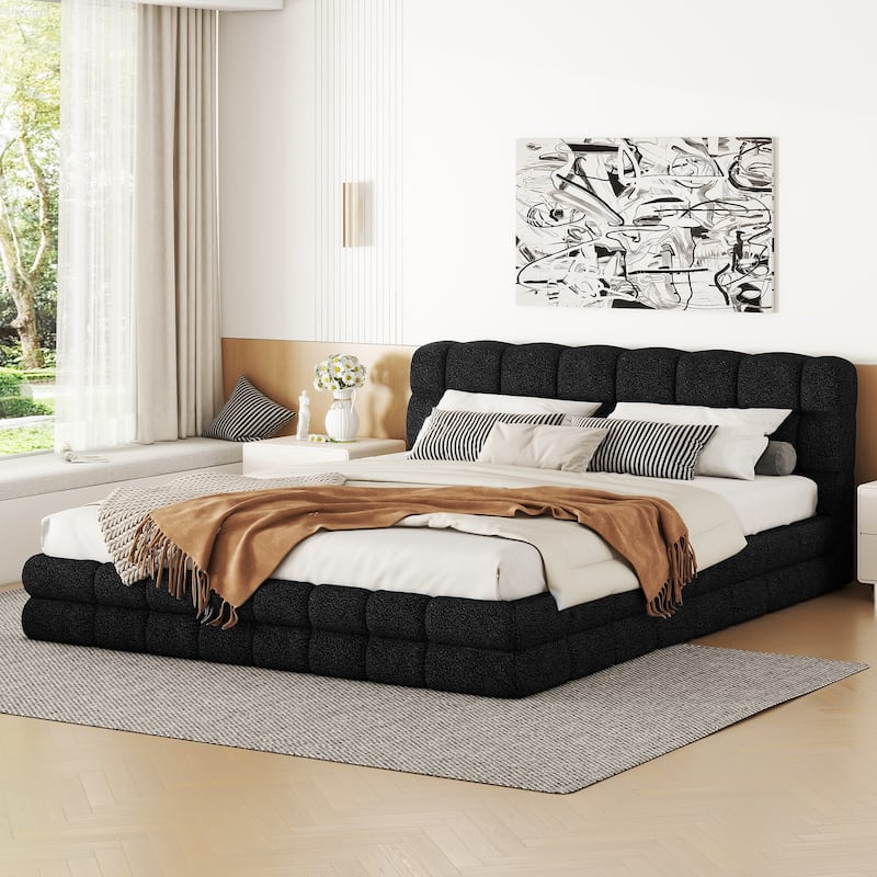 Queen Size Upholstered Platform Bed in Black with Headboard and Sturdy Construction