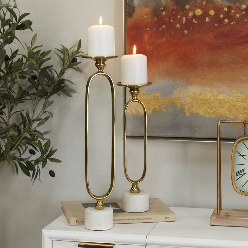 Aluminum Metal Paper Clip Pillar Decorative Candle Holder with Marble Base - Set of 2 Gold, Silver, Black - Roche River Decor
