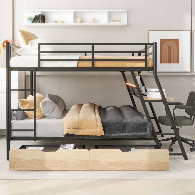 Black Full Size Bunk Bed with Desk, LED Lighting, and Two Under-Bed Drawers, Metal Frame
