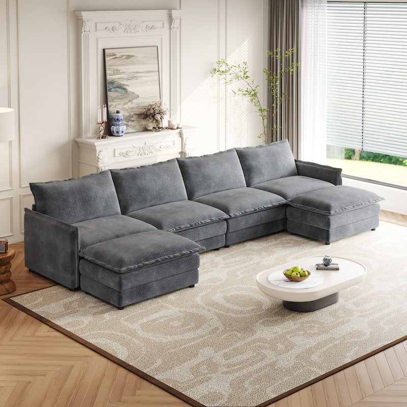 142" Corduroy 4-Seater Cloud Sectional Sofa with 2 Ottomans