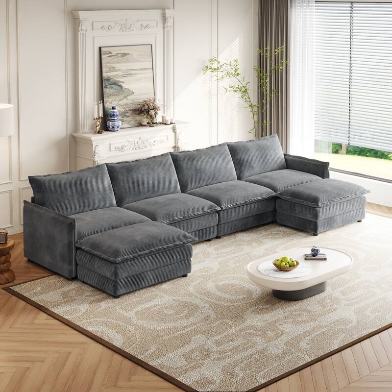 Oversized U-shape Upholstered Couch Deep Seat Sleeper Sectional Sofa with 2 Ottomans - Grey