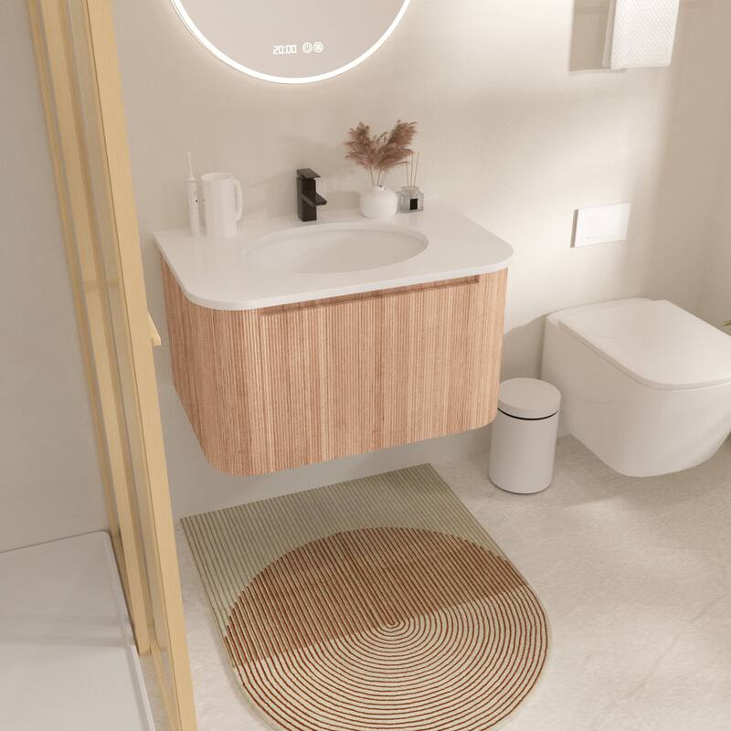 30 Inch Wall Mounted Bathroom Vanity with Sink Curved Design, Modern Floating Vanity Cabinet with Soft Close Drawer