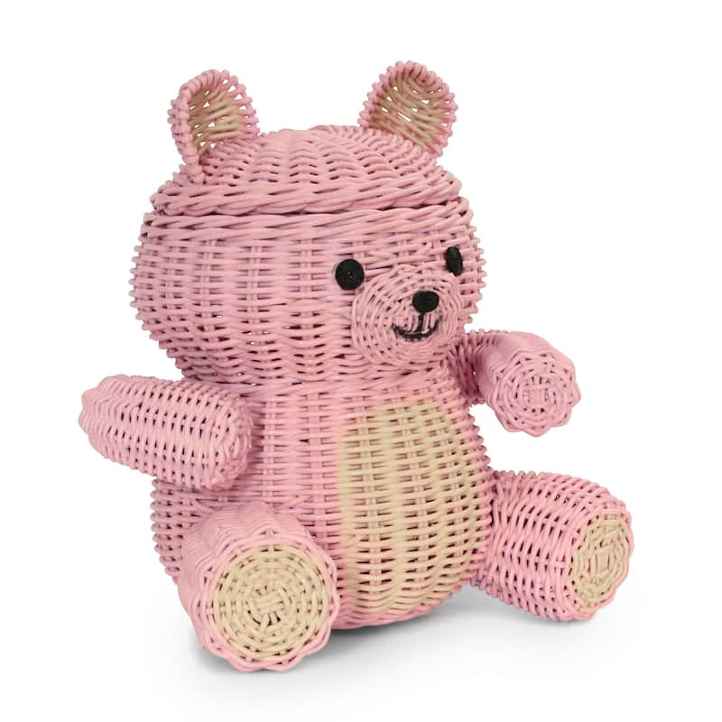 Pink Bear Rattan Storage Basket with Lid Decorative Home Decor Hand Woven Shelf Organizer Cute Handmade Handcrafted Gift Art