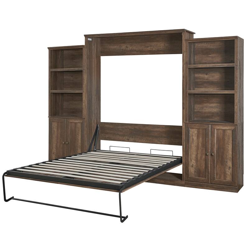 Half Self-Close and Open Murphy Bed with 2 Side Cabinet Storage Shelf