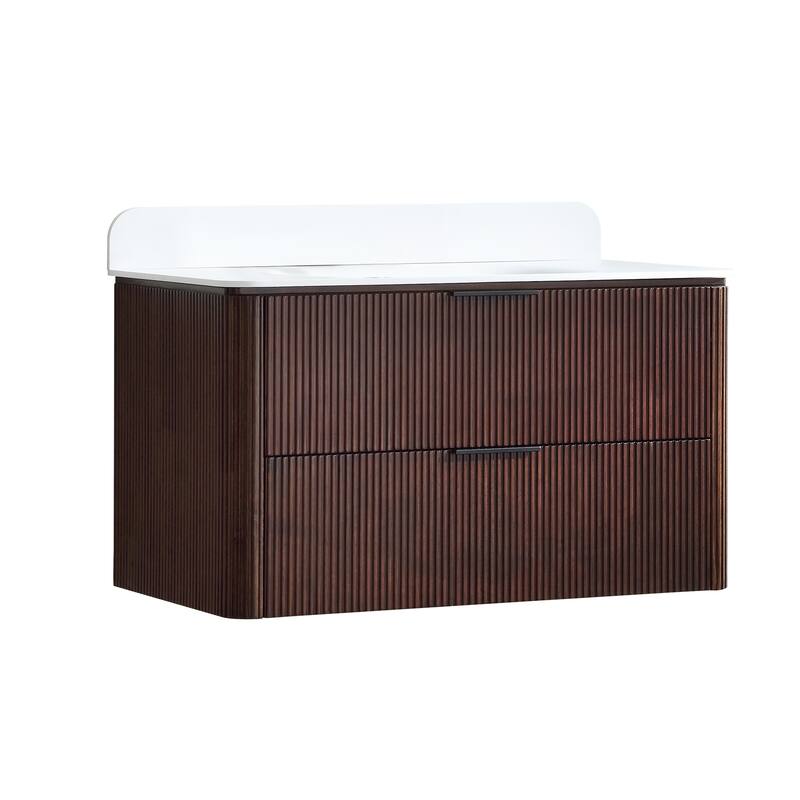 Modland Fluted Floating Vanity with Sink, Plywood Wall Mount Cabinet, Curved Edge, 24/30/36 Inch - 36 inch - Walnut