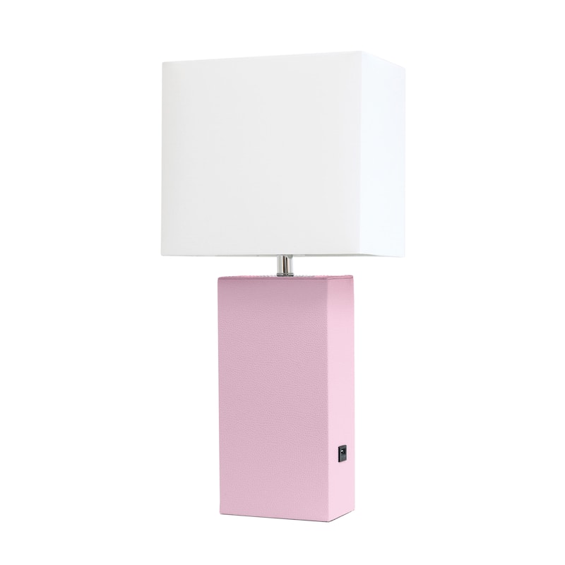 Modern Leather Table Lamp with USB and White Fabric Shade - Without Bulb - Blush Pink