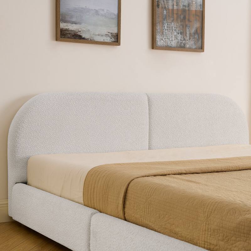King Size Upholstered Bed Frame Modern Minimalist Style - Circle Yarn Fabric, Tall Curved Headboard