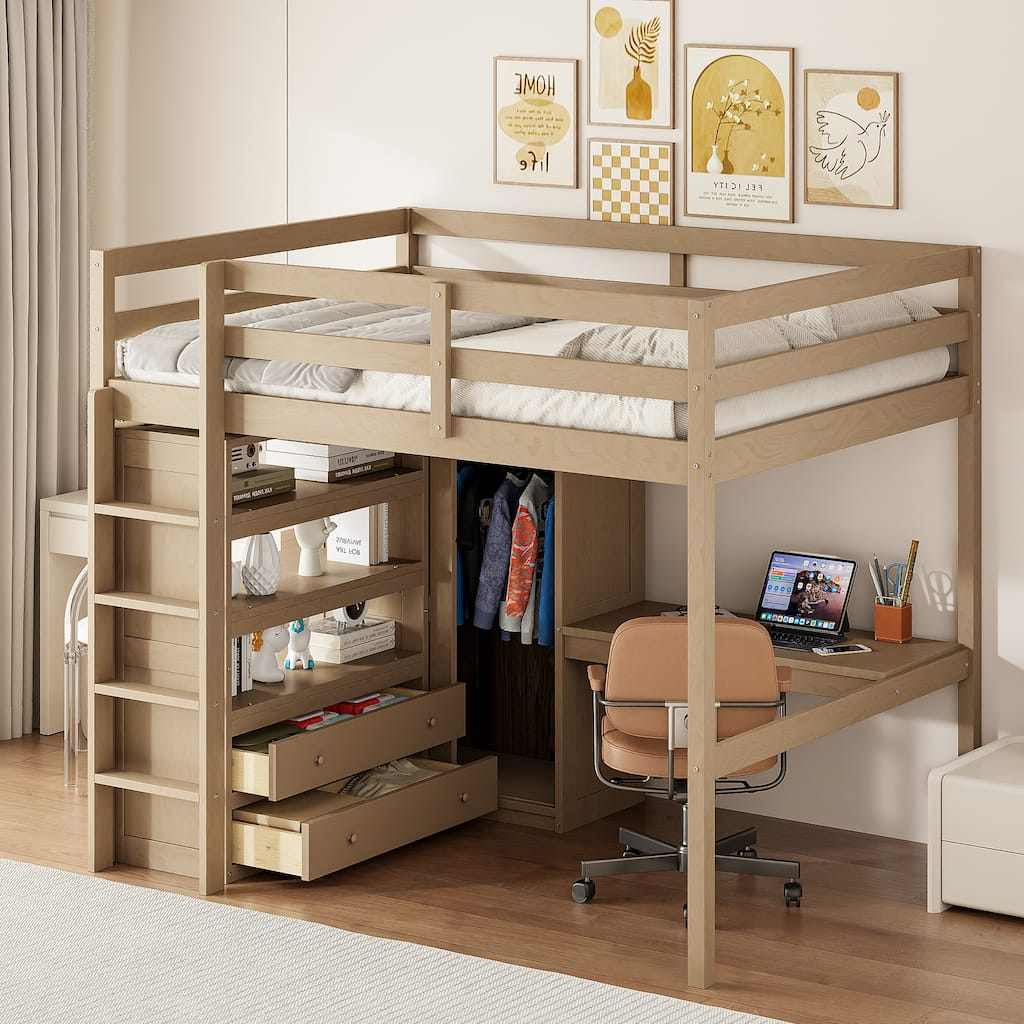 Wood Full Size Loft Bed with Built-in Wardrobe, Desk, Storage Shelves and Drawers