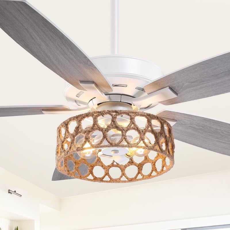 52" Bohemian White 5-Blade Natural Jute Ceiling Fan with Light Kit and Remote