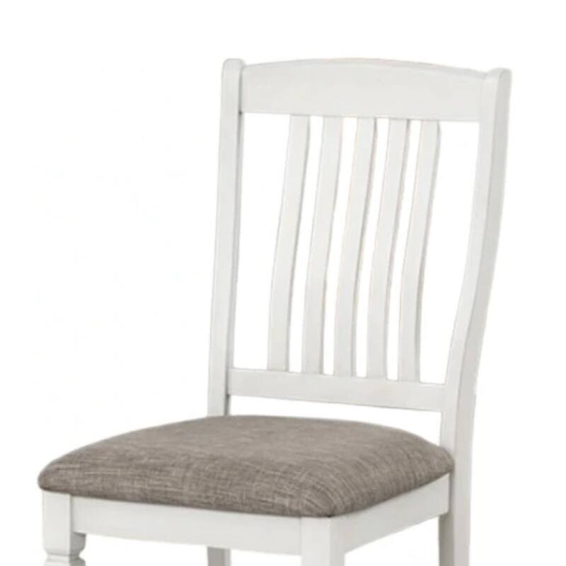 Dola Side Dining Chair Set of 2, Rustic White Wood, Gray Fabric, Slat Back