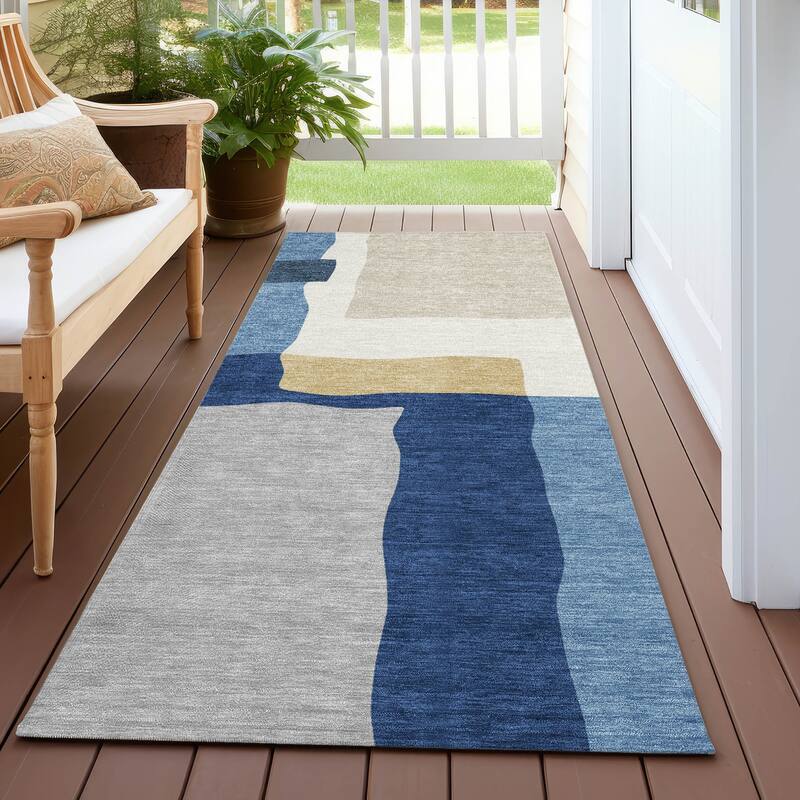 Machine Washable Indoor/ Outdoor Contemporary Blox Chantille Rug - Blue - 2'3" x 7'6"