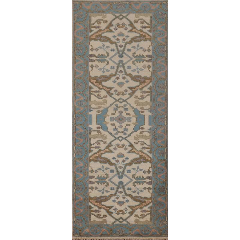 Earth Tone Oushak Runner Rug Hand-Knotted Wool Carpet - 2'7"x 7'9"