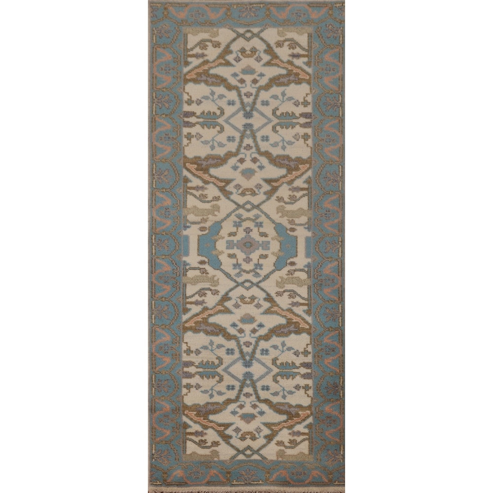 Earth Tone Oushak Runner Rug Hand-Knotted Wool Carpet - 2'7"x 7'9"