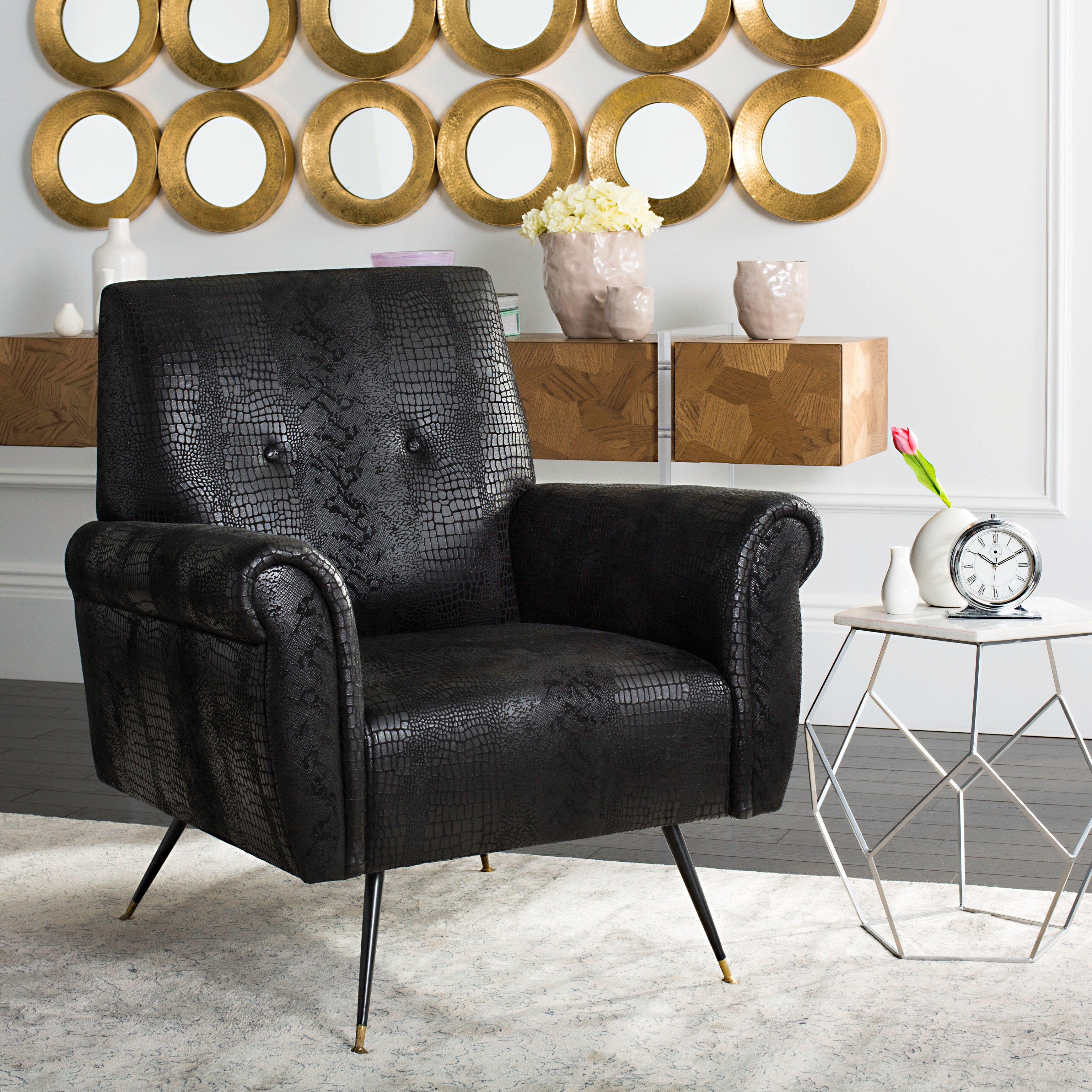 SAFAVIEH Mid Century Modern Glam Mira Leather Black Club Chair