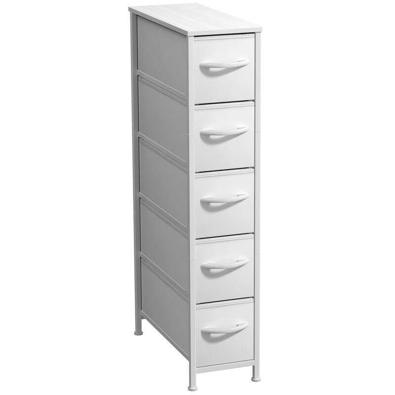 Sorbus Narrow Dresser with 5 Drawers - Vertical Slim Storage Chest of Drawers with Steel Frame, Wood Top & Easy Pull Fabric Bins - All White