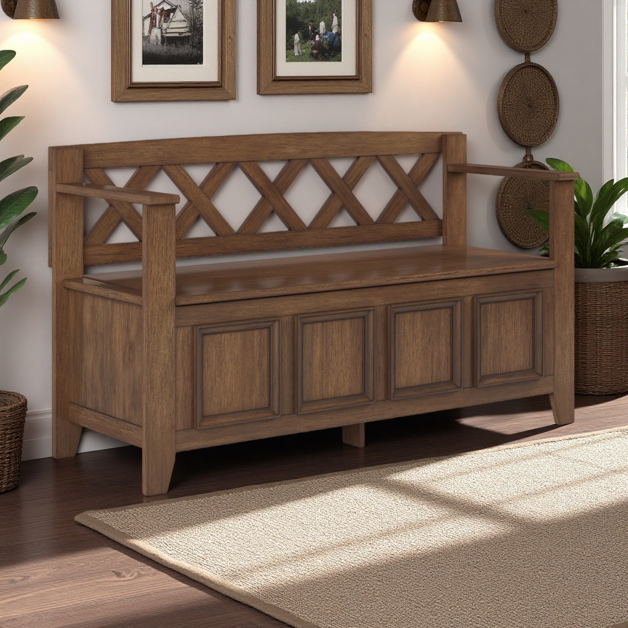 48"L Solid Wood Storage Bench, Lift-Up Lid, Two Compartments, Safety Hinges, Entryway