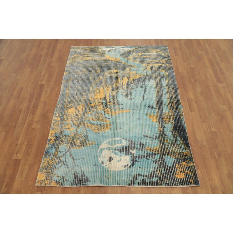 Hand Knotted Oriental Viscose Silk Carpet Modern Animal Pictorial Multi-Colored Abstract Area Rug - 6' 8'' X 4' 7''