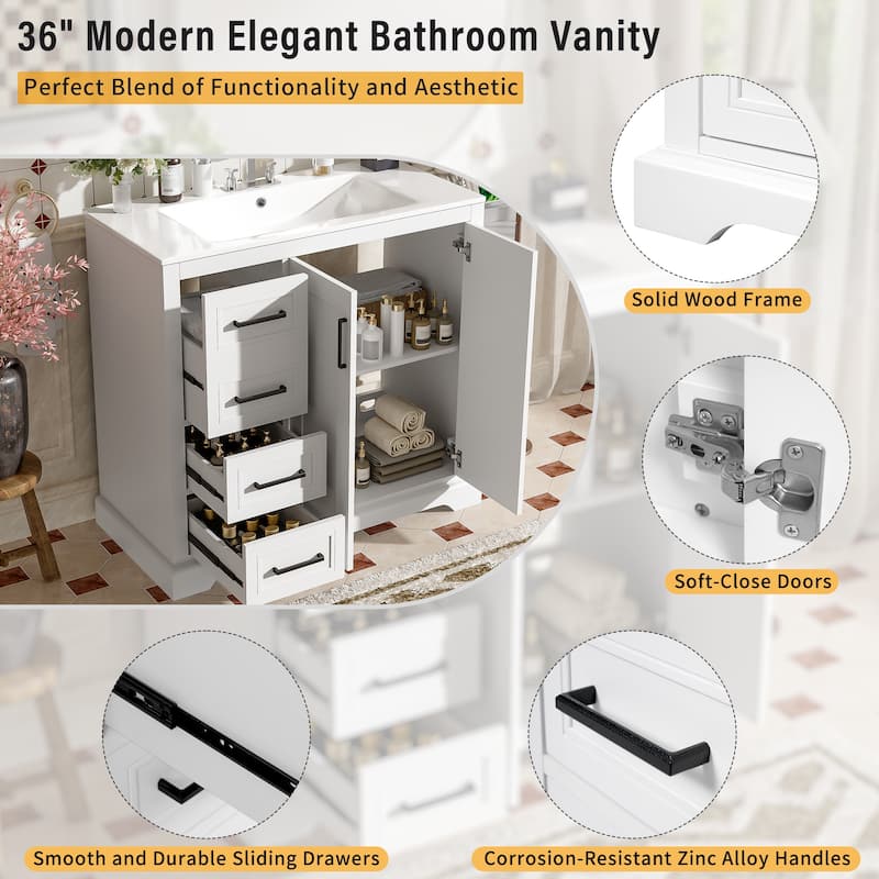 36" Modern Bathroom Vanity with Ceramic Sink for Small to Medium Bathrooms
