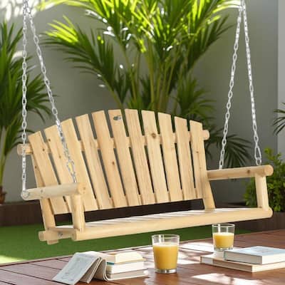 Wood 2-Seater Porch Swing with Metal Chains - Outdoor Hanging Bench (440lb Capacity)