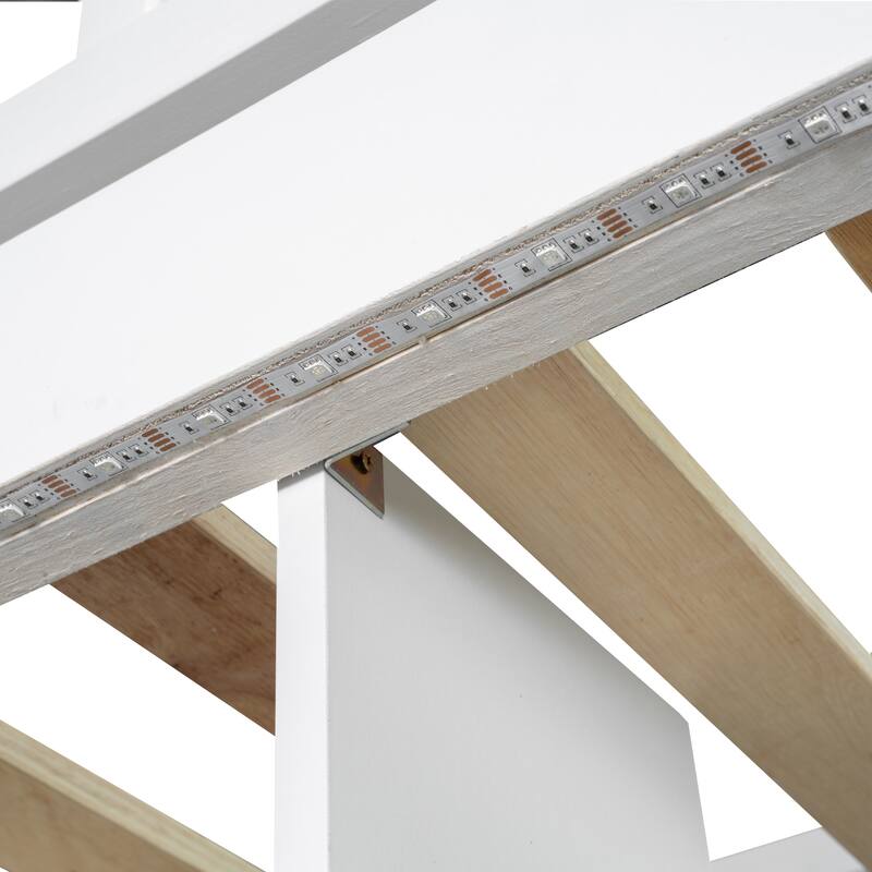 Wood Twin Size Loft Bed with Built-in Desk, LED, Storage Shelves, Cabinets and Staircase, White