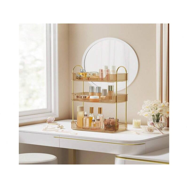 3-Tier Vertical Makeup Storage Organizer with Plated Metal Frame and Handle - 6.6”D x 12”W x 18.9”H