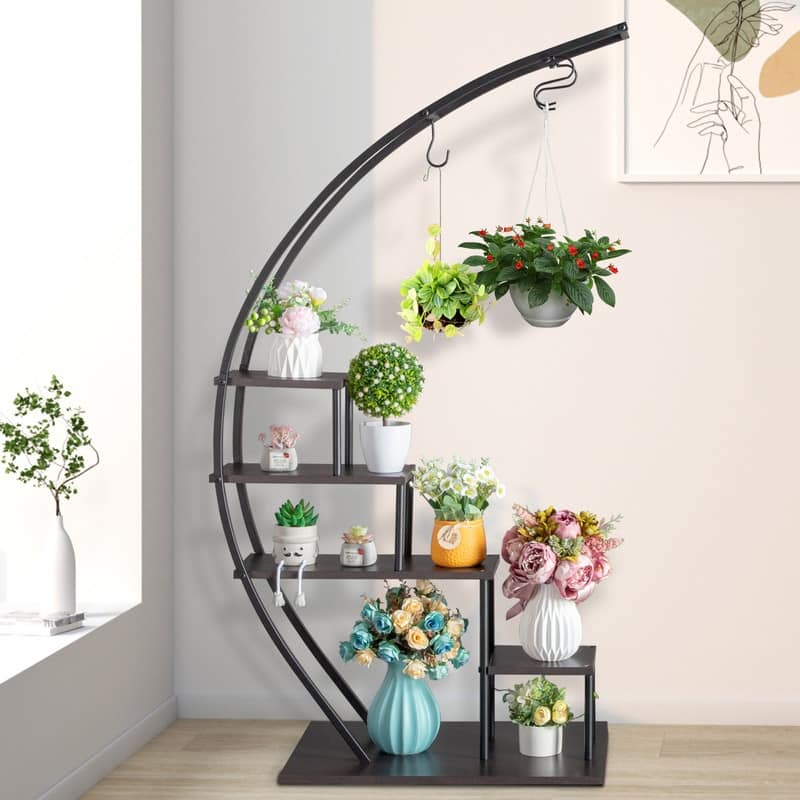 5 Layers Semicircle Iron Wood Suitable Home Decoration Plant Stand - 1 PC