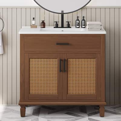 36" Rattan Bathroom Vanity with Ceramic Sink