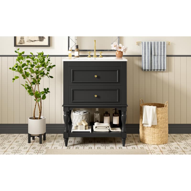 24" Bathroom Vanity with Ceramic Sink, Bathroom Storage Cabinet with Open Shelf, Retro Design Bathroom Cabinet with 2 Drawers