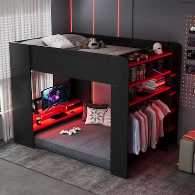 Full Size Esports Loft Bed, Built-In Gaming Station with Adjustable Desk, Wardrobe, Book Shelves, USB Port & RGB Strip Lighting