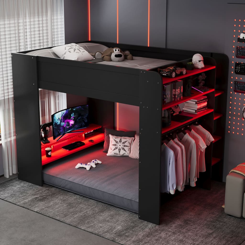 Full Size Esports Loft Bed, Built-In Gaming Station with Adjustable Desk, Wardrobe, Book Shelves, USB Port & RGB Strip Lighting