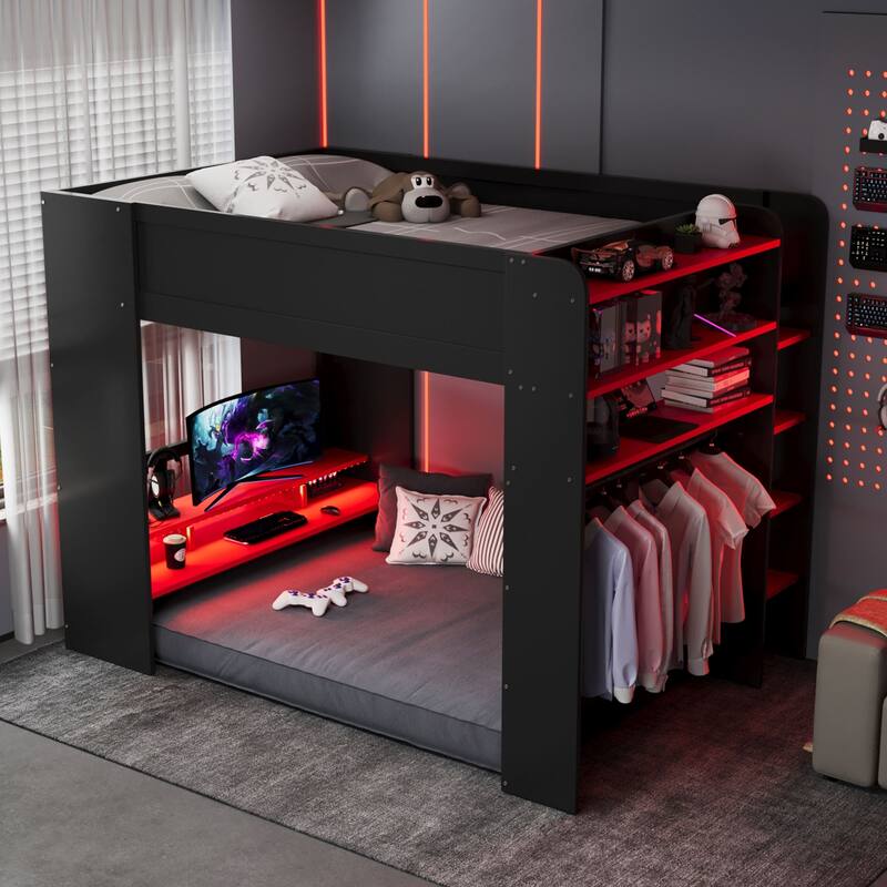 Roomfitters Full Size Loft Bed with Adjustable Desk, Wardrobe Storage, and RGB Lighting - Red