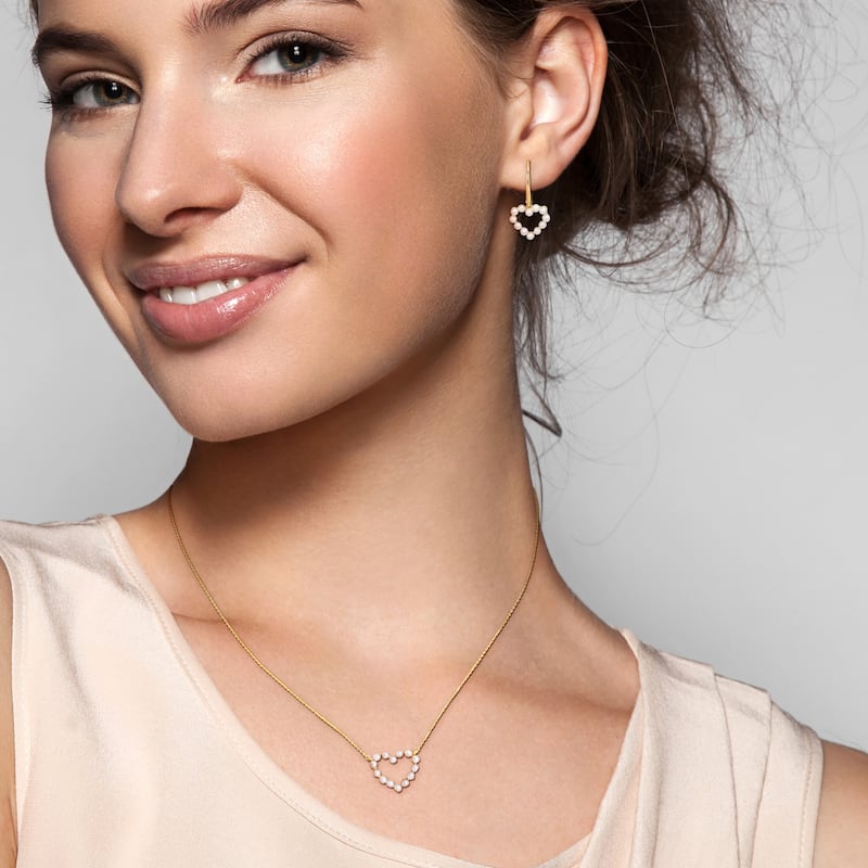 Miadora 2 Piece Set of 2-2.5mm Cultured Freshwater Pearl Heart Earrings Necklace 14K Yellow Gold