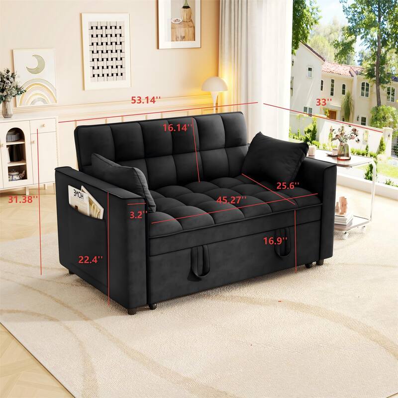 Velvet Convertible Sofa Bed with Pockets, Loveseat Sleeper Sofa Couch with Pull-Out Couch and Wood Frame