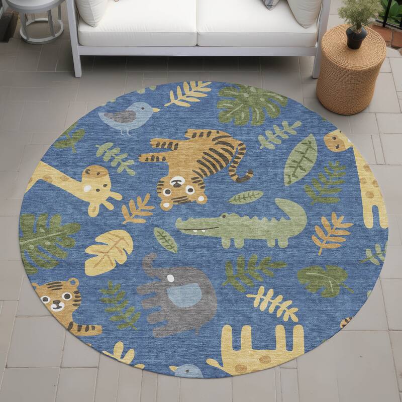 Machine Washable Indoor/ Outdoor Whimsy Safari Animals Chantille Rug - Blue - 8' x 8'