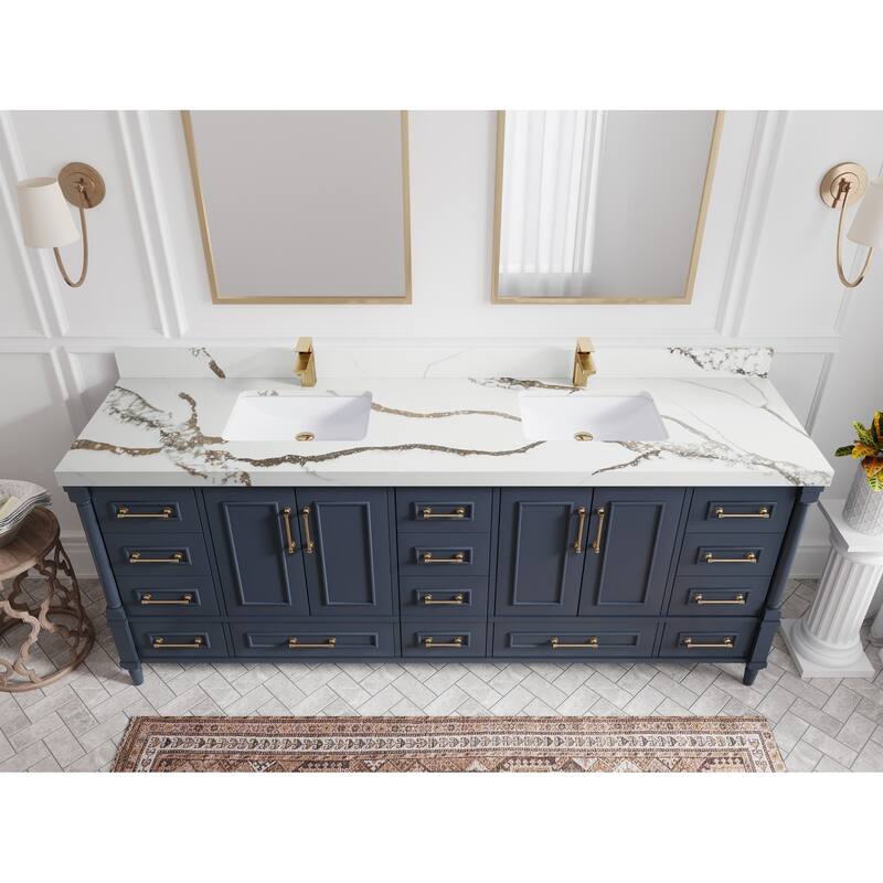 Willow Collections 84 in. W x 22 in. D Aberdeen Double Bowl Sink Bathroom Vanity with Countertop - 2" Calacatta Gold - Hale Navy Blue