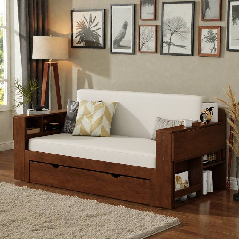 Full Size Daybed with Removable Desk, Storage Drawers & Hydraulic Side Table, Multi-Functional Sofa Bed for Small Spaces - Espresso - Full