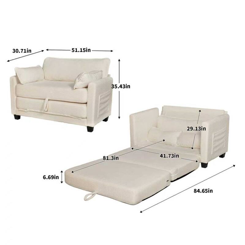 2-in-1 Convertible Corduroy Sofa Bed 51" Small Sofa, 2-Seater Loveseat Sleeper Couch with Side Storage