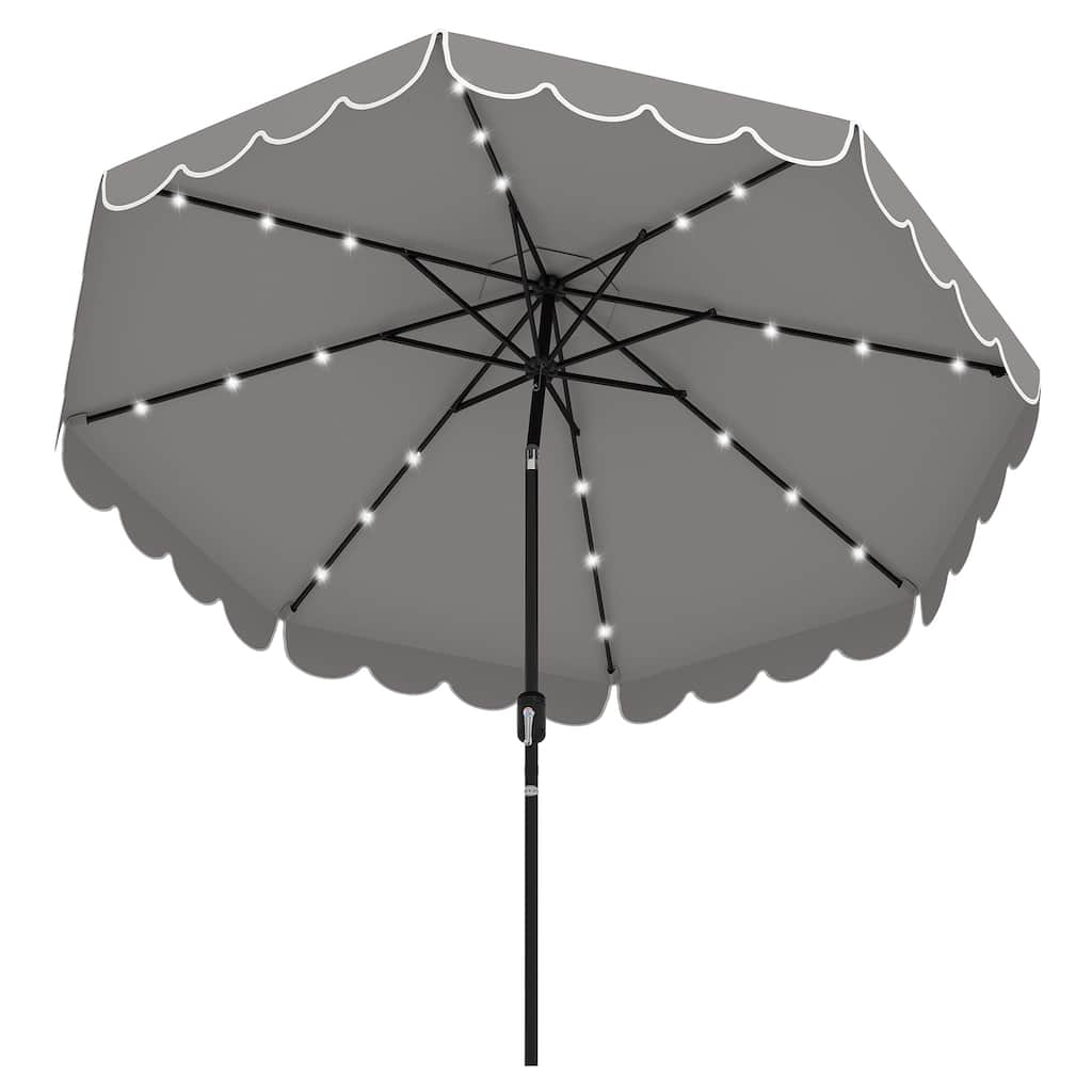 9.3 FT Outdoor Patio Polyester Umbrella with Solar LED Lights and Tilt Crank Metal Frame for Garden Deck