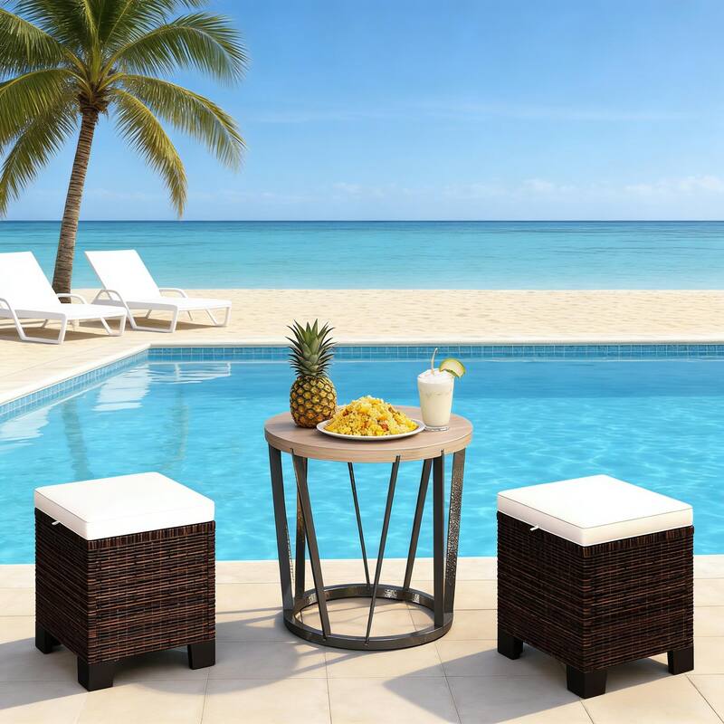 GDFStudio - Outdoor Wicker Ottoman Cubes with Cushions and Steel Frame ( Set of 2 )