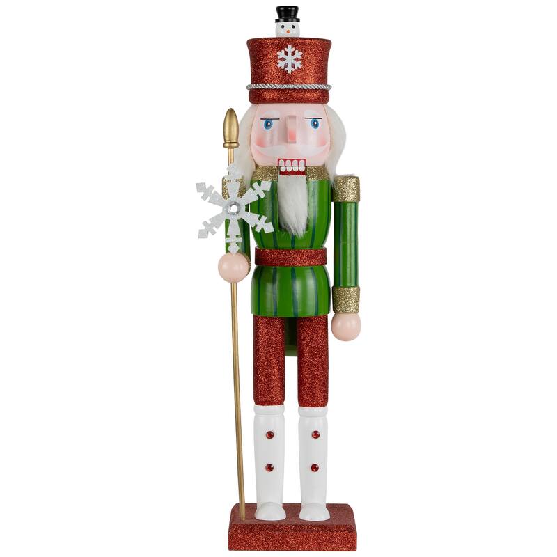 Glittered Nutcracker with Snowflake Scepter Christmas Figure - 15" - Red and Green