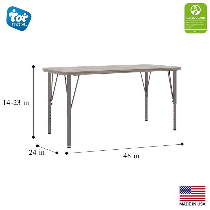 Tot Mate 48" W x 24" D Rectangular Kids Table, Adjustable Height 14" to 23", Ready-To-Assemble