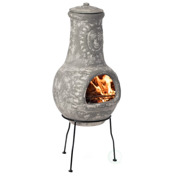 slide 2 of 14, Outdoor Clay Chiminea Fireplace Sun Design Wood Burning Fire Pit with Sturdy Metal Stand, Barbecue, Cocktail Party Stone Gray