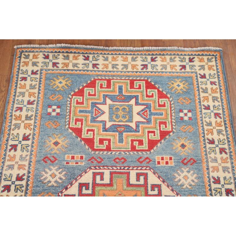 Light Blue Kazak Accent Rug Handmade Wool Carpet - 2'7" x 4'3"