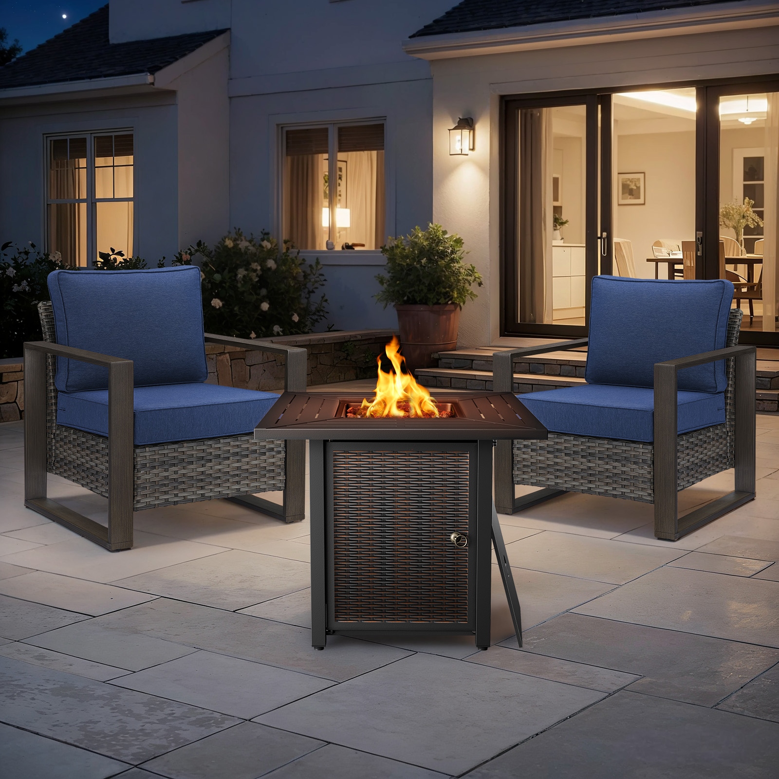 Meyreso 3-Piece Wicker Patio Conversation Set with Metal Fire Pit & Plush 4.5" Olefin Cushions - Gray Wicker - Navy Blue Cushions