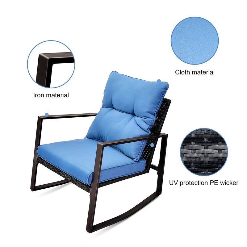 3-Piece Outdoor Rocking Chair Set with Blue Cushions for Garden and Patio